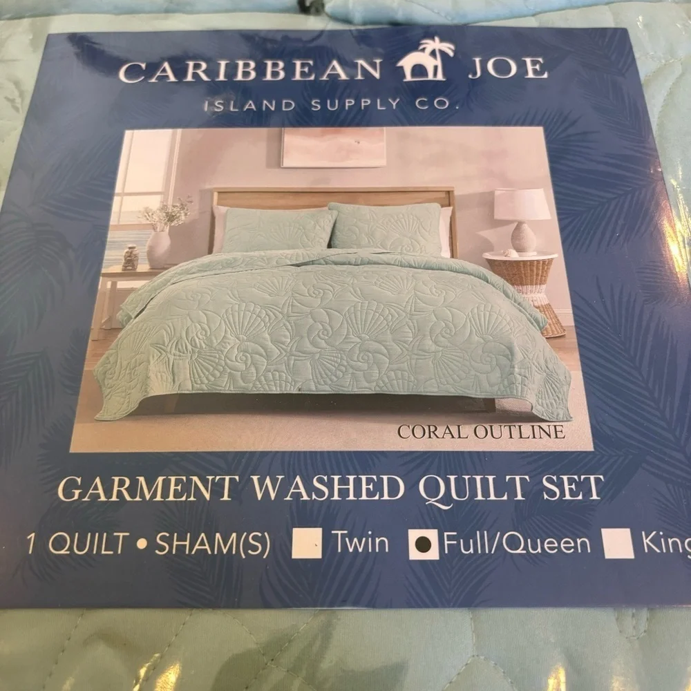CARIBBEAN JOE Full/Queen Outlined Shell 3-Piece Quilt Set, Coastal Beach , Aqua